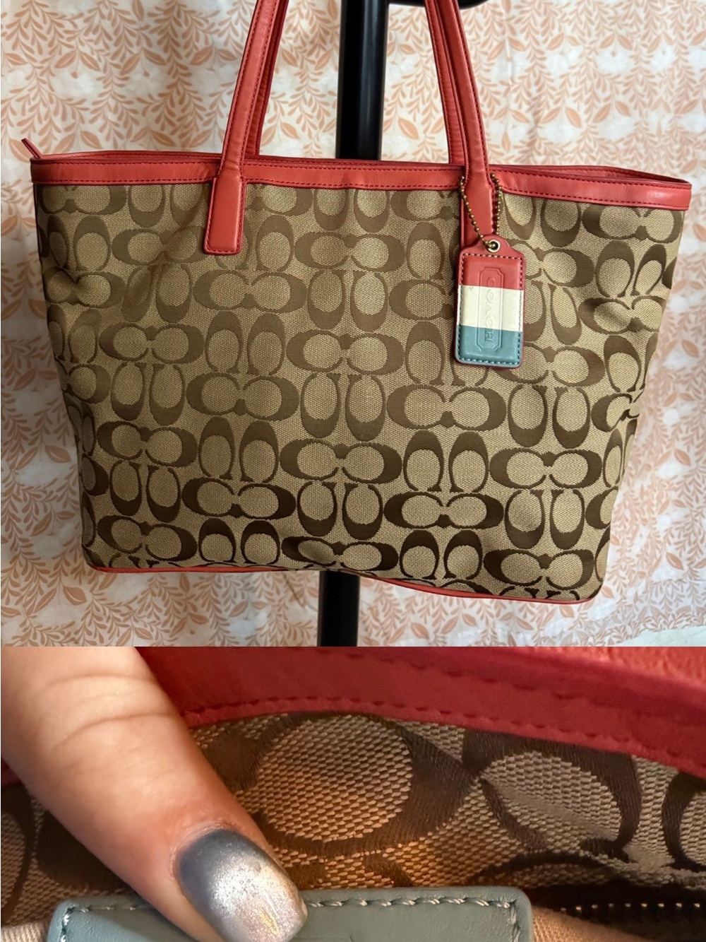 Coach Brown Signature Tote with Coral Trim and Tri-Color Tag